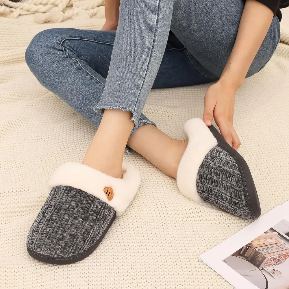 Warm Knit House Slippers for Women Comfy Wool-Like Lined Chenille Slippers with Memory Foam and Indoor Outdoor Soles