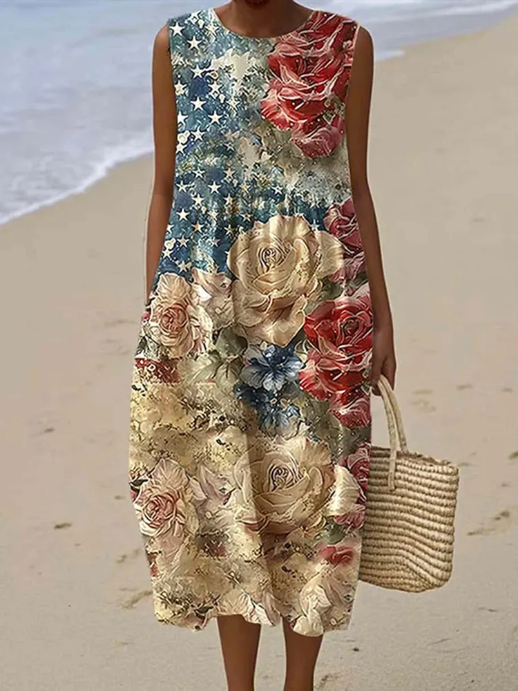 Women's Vintage Floral Independence Day Art Linen Tank Dress