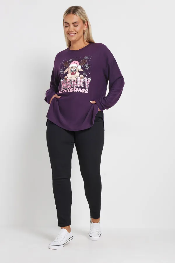 YOURS Curve Purple 'Merry Christmas' Reindeer Print Sweatshirt