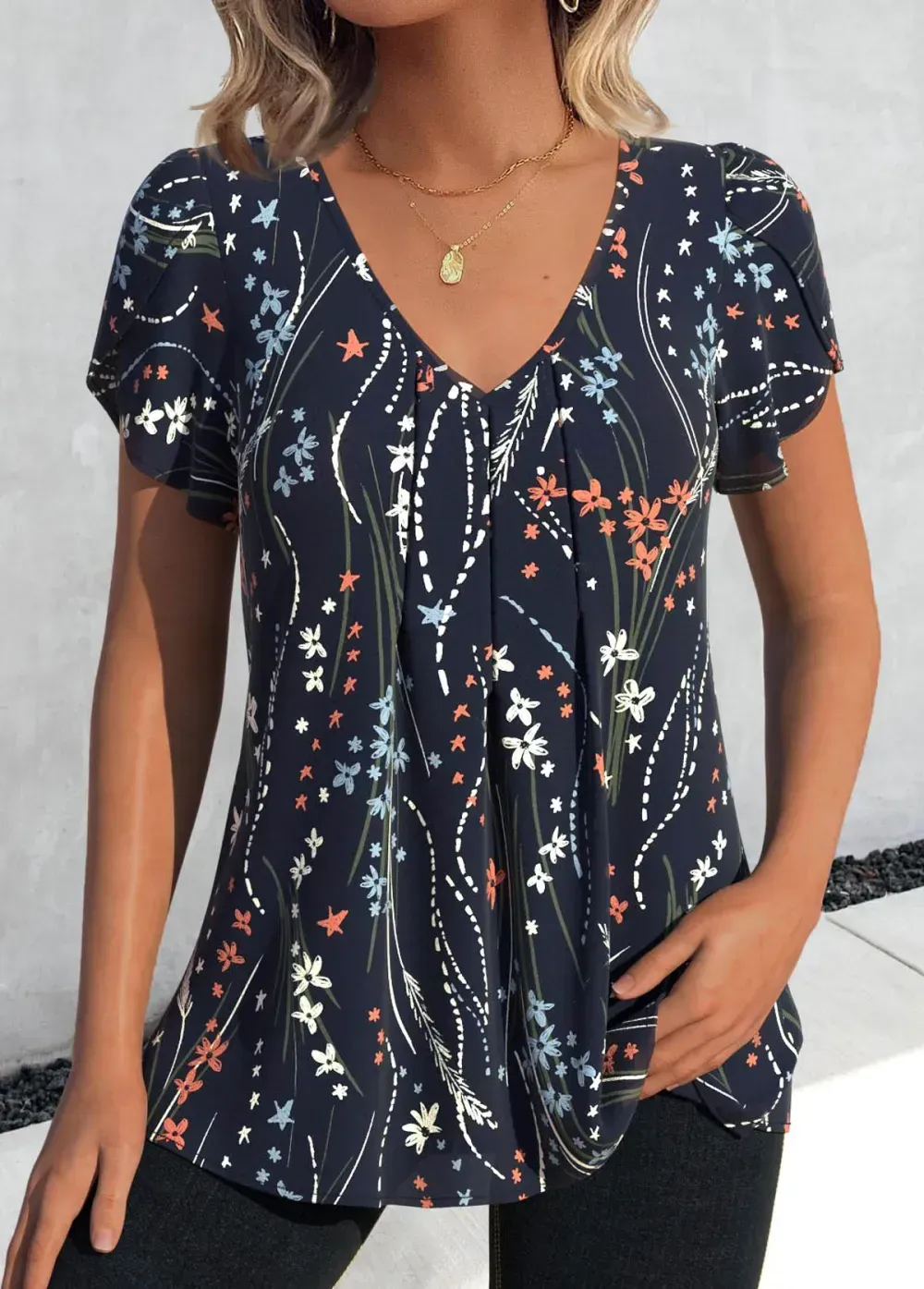 Navy Floral Print Short Sleeve V Neck T Shirt