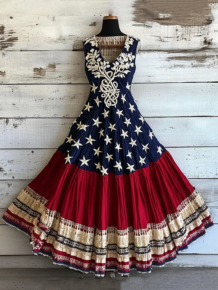 Women's Vintage Independence Day With Celtic Life Of Tree Art Linen Midi Dress