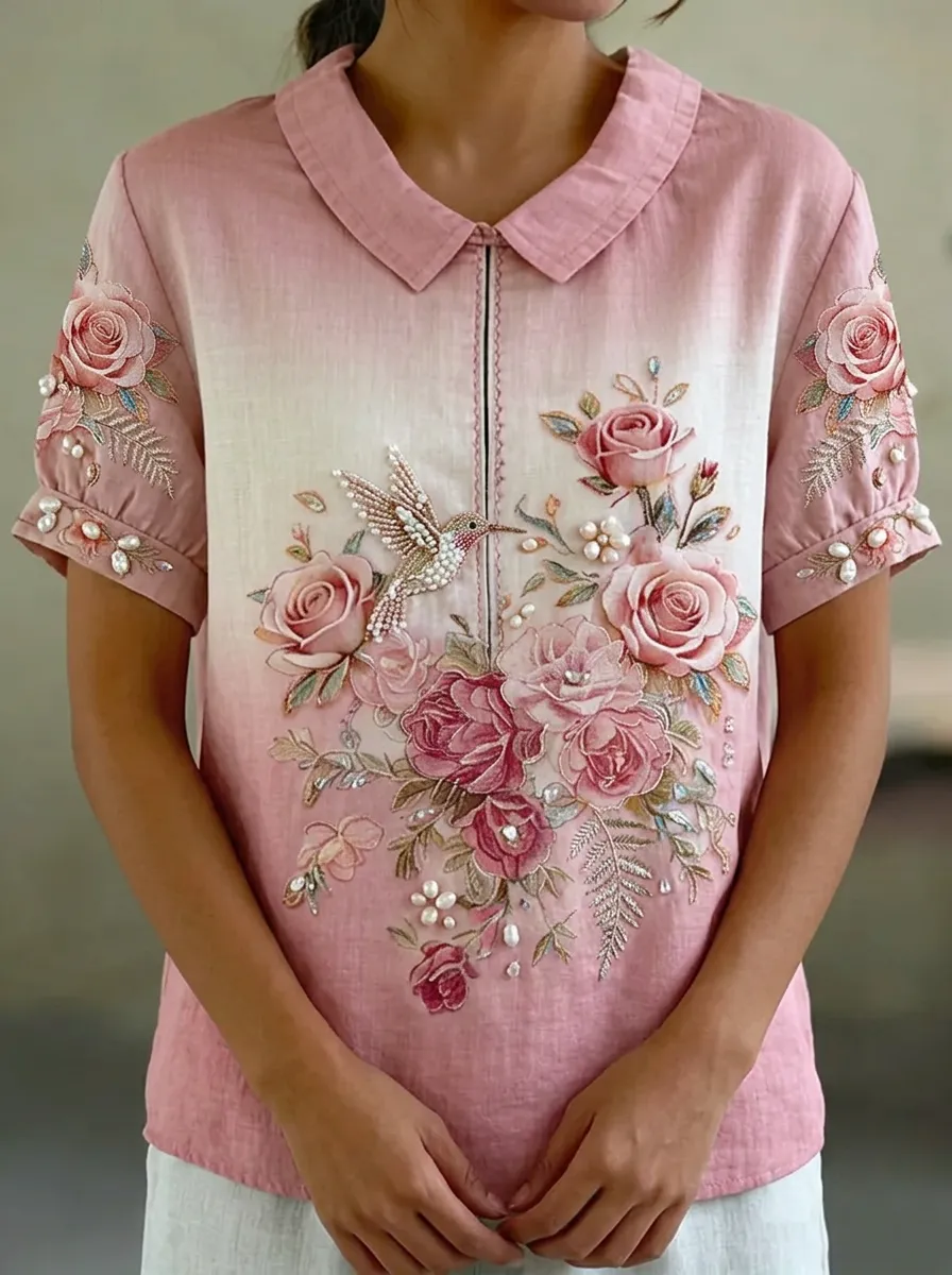 Women's Nashville Floral Hummingbird Embroidered Printed Top