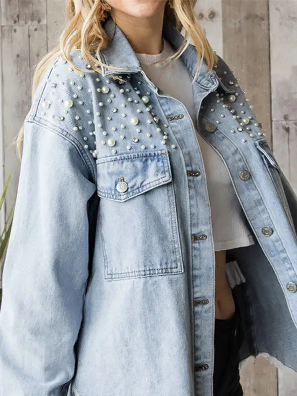 Ripped Tassel Pearl Denim Jacket