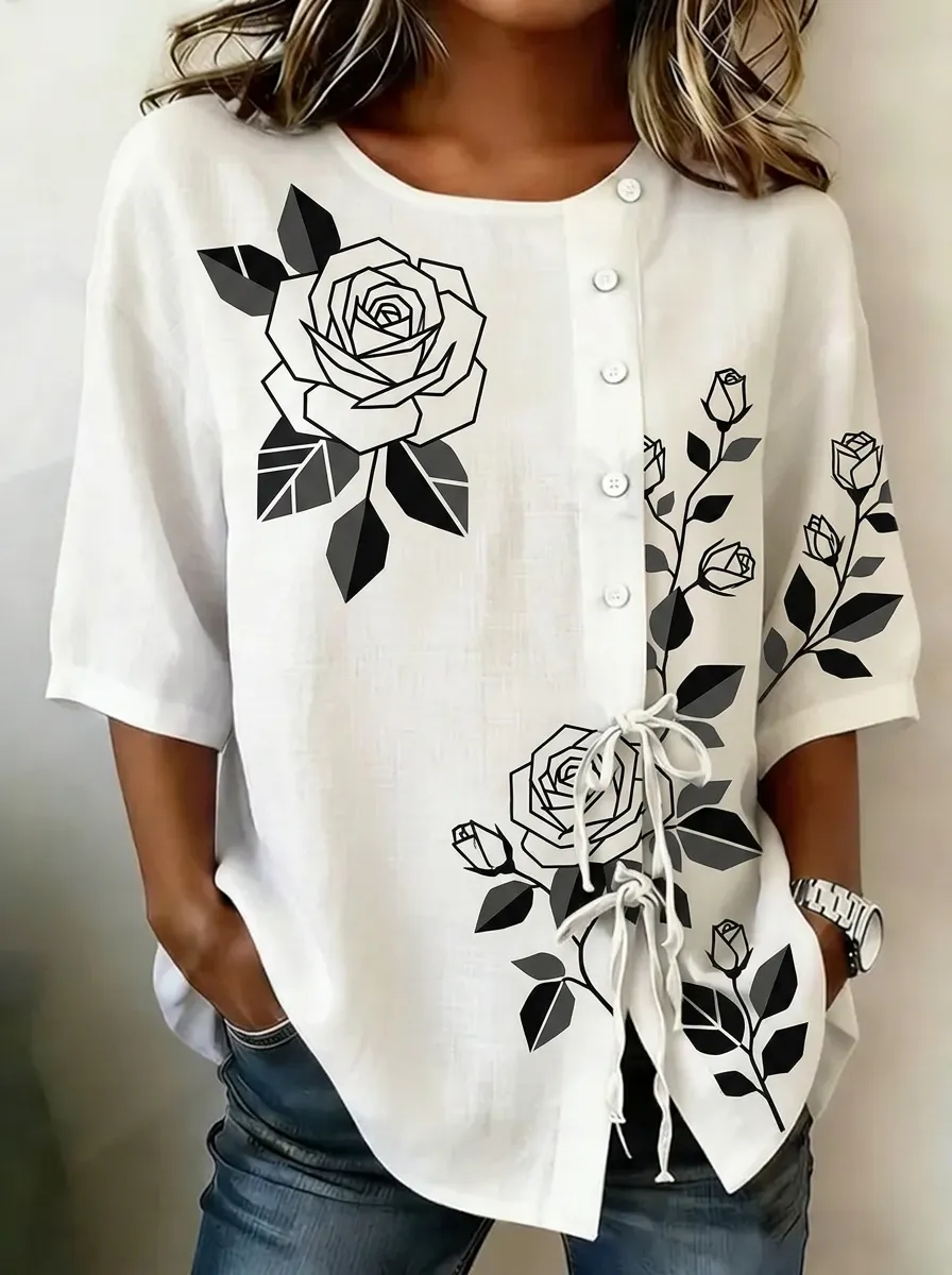 Women's Nashville Floral Rose Black and White Printed Button-Up Shirt