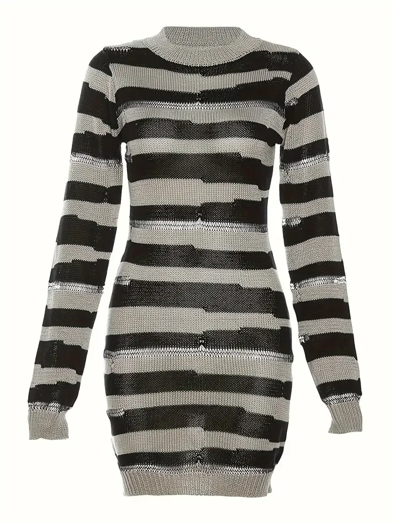 Color Block Long Sleeve Knit Dress, Casual Crew Neck Dress For Spring & Fall, Women's Clothing