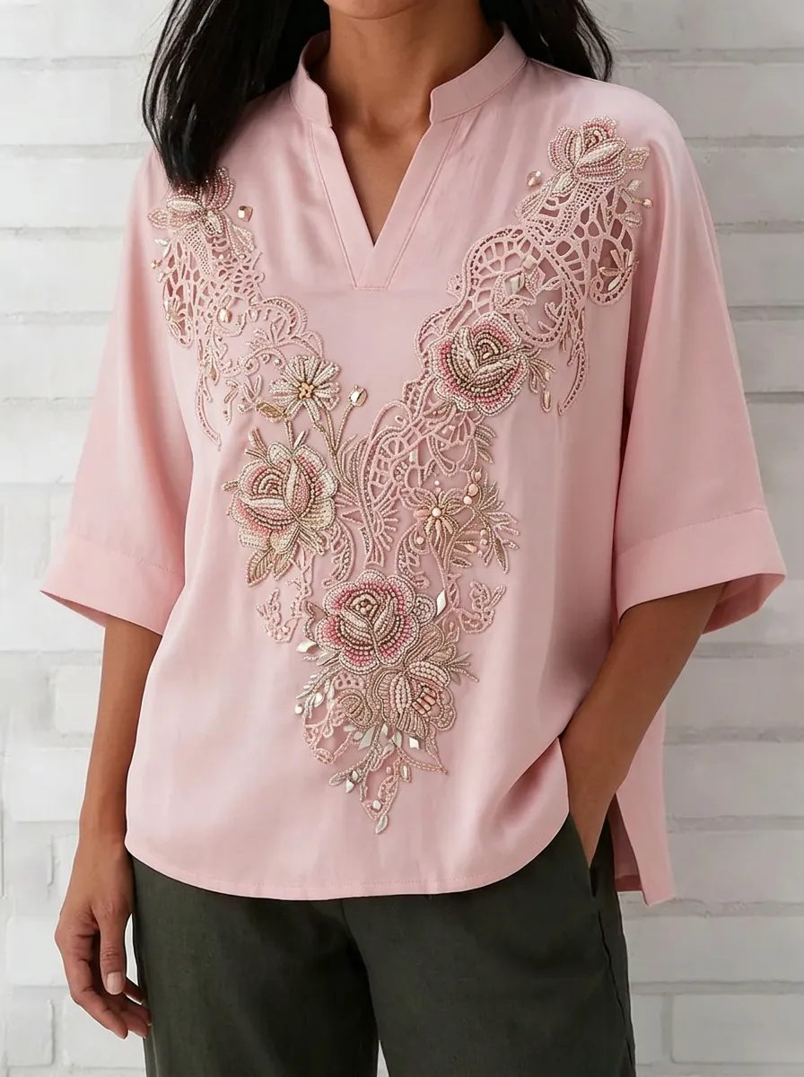 Women's Nashville Floral Beaded Lace Embroidered V-Neck Top