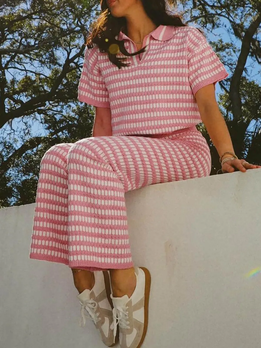 Womens 2 Piece Outfits Striped Short Sleeve Sweater Tops Knit Sets Wide Leg Pants Lounge Set