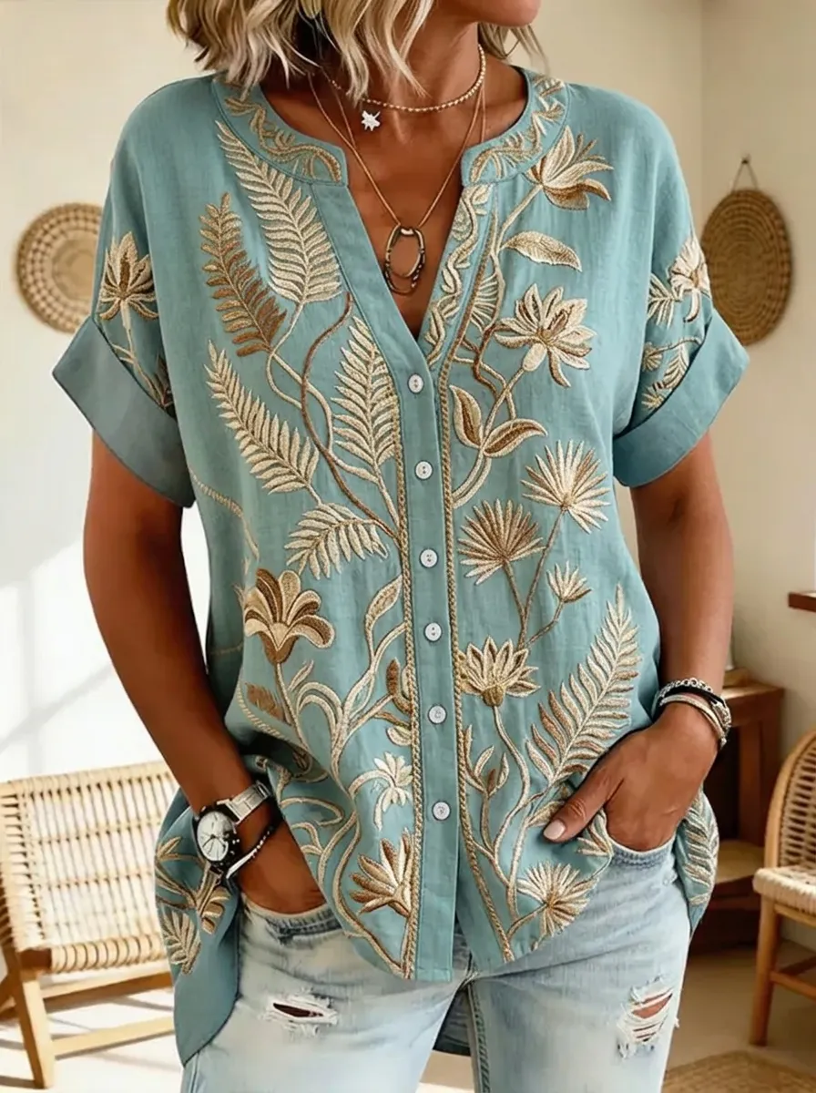 Women's Nashville Floral Botanical Embroidered Printed Top