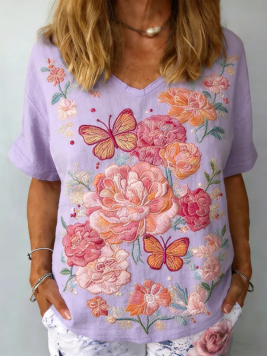 Women's Retro Butterfly Peony Embroidery Art Pattern V-Neck T-Shirt