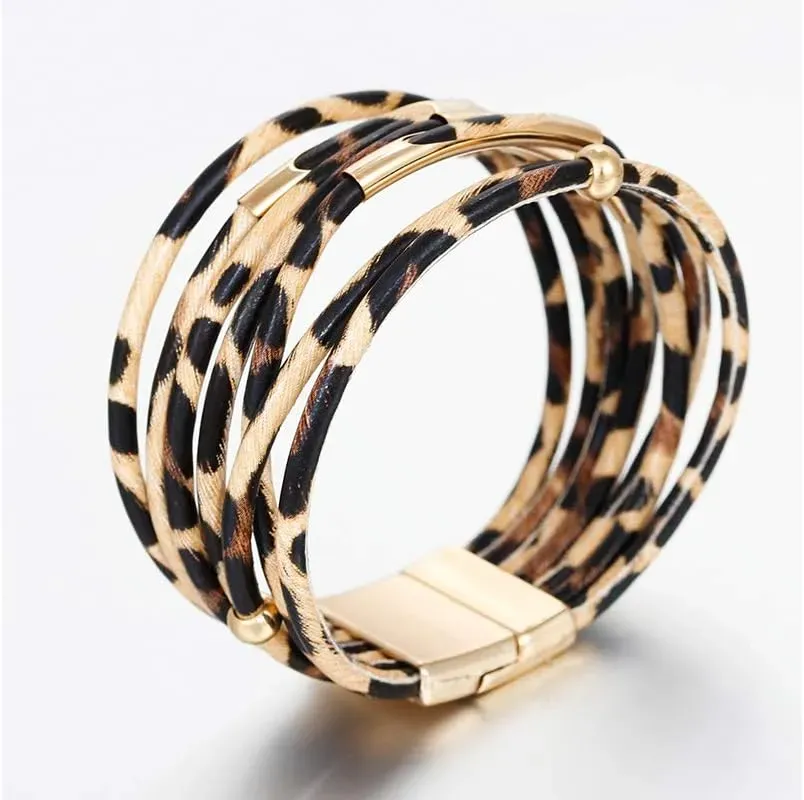 Fesciory Leather Wrap Bracelets for Women, Boho Leopard Multi-Layer Crystal Beads Cuff Bracelet Jewelry