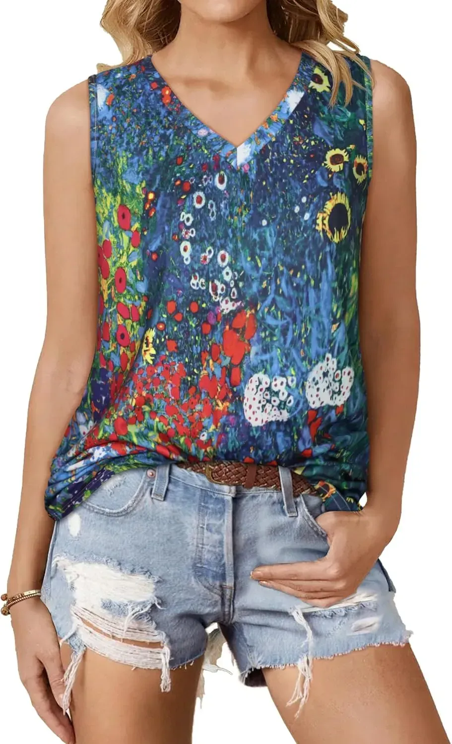 Summer Tops for Women Sleeveless V Neck Tshirt Loose Fit Casual Tank Tunic Blouse