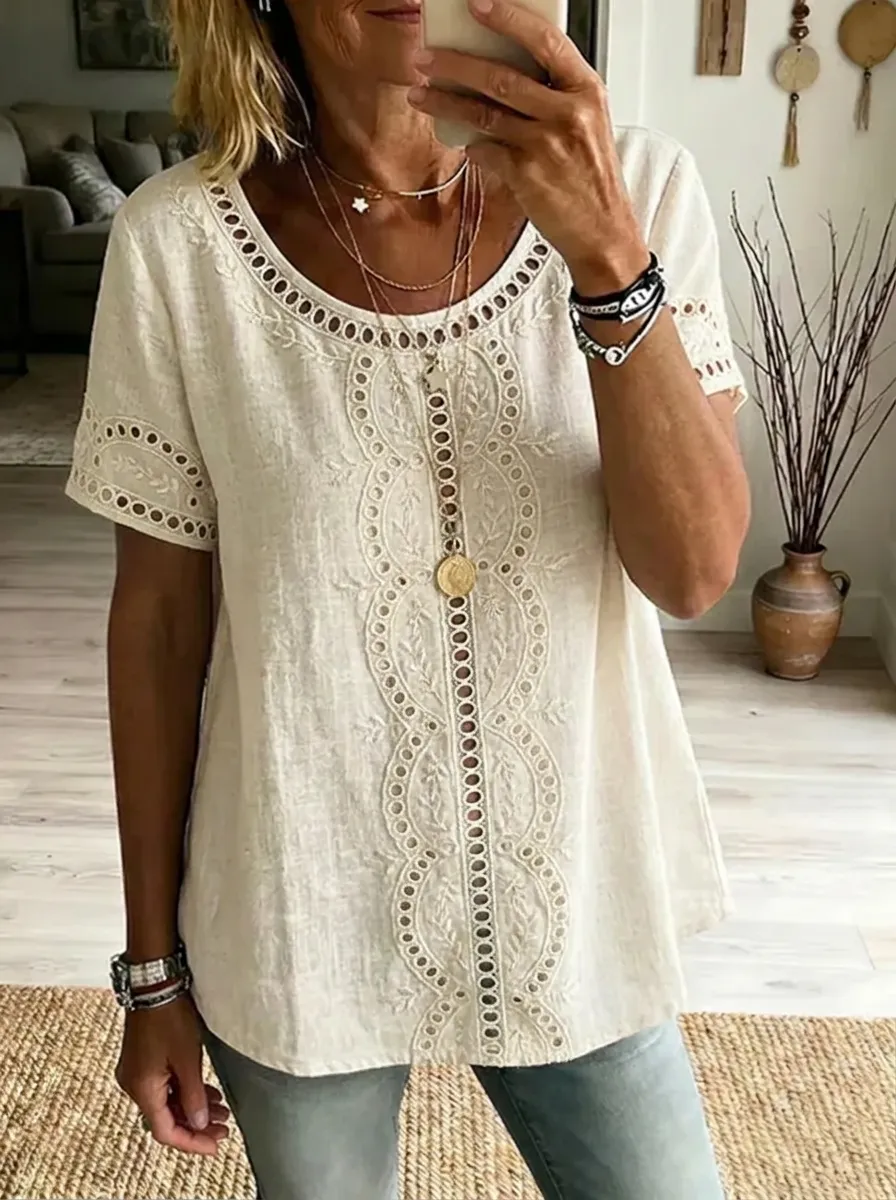 Women's Nashville Country Style Eyelet Embroidered Printed Top