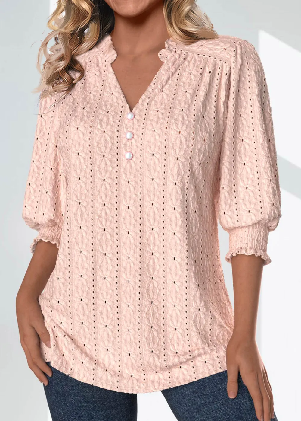 Light Pink Textured Fabric 3/4 Sleeve Split Neck Blouse