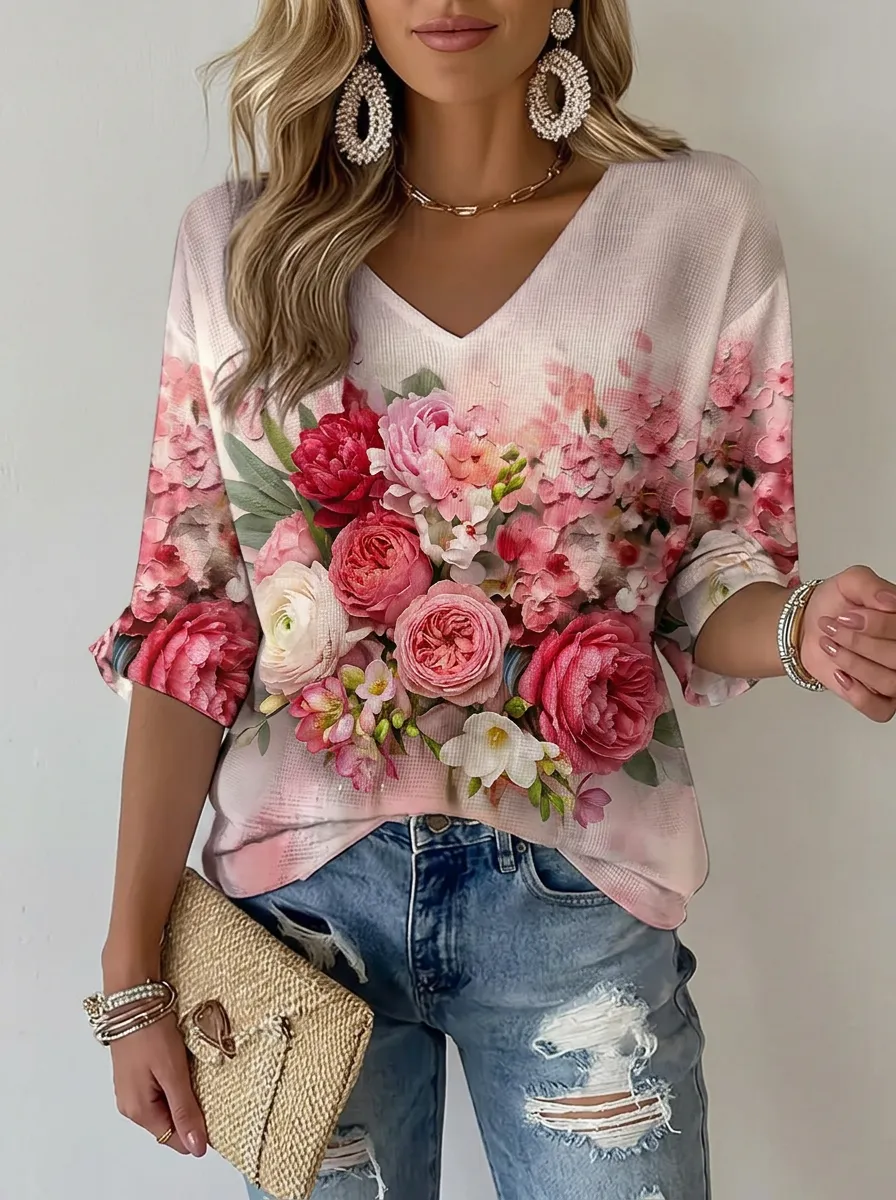 Women's Nashville Floral Bouquet Printed V-neck Top