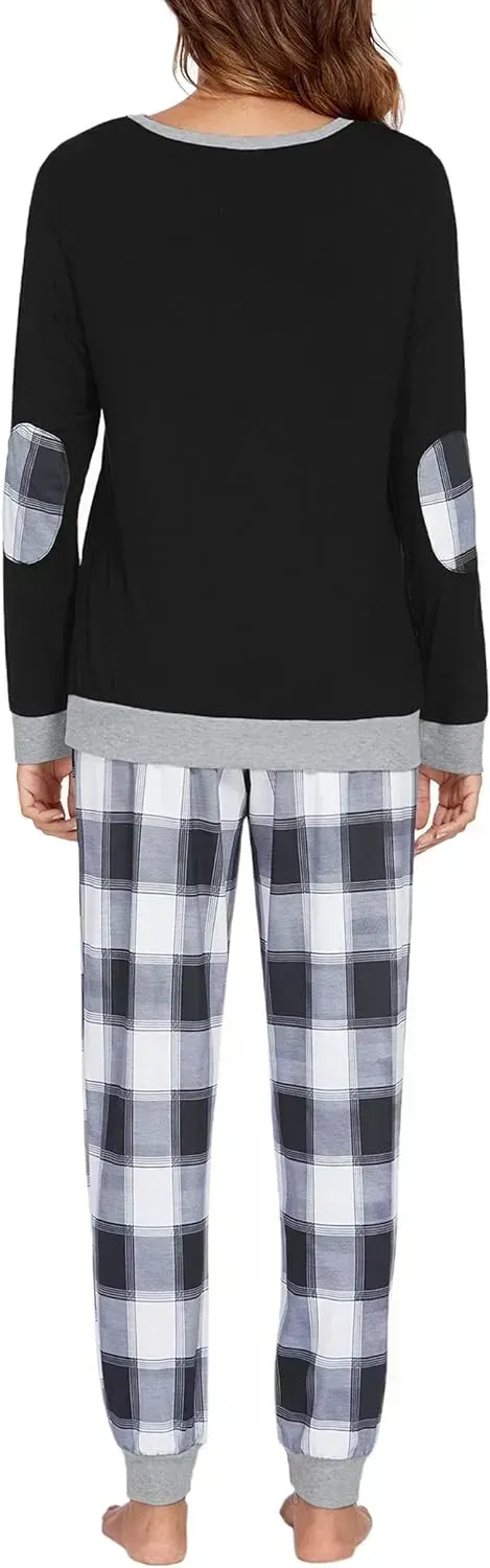 Women's Pajamas Sets Long Sleeve with Plaid Pants Soft Sleepwear O Neck 2 Piece Pjs Joggers Loung Set with Pockets