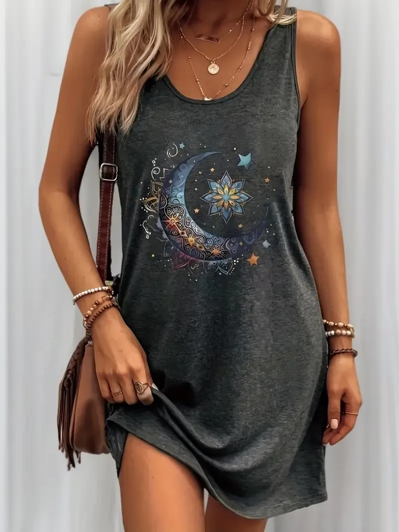 Women's Celestial Print Sleeveless Dress - Black Crew Neck with Sun and Moon Design, Casual Summer & Spring Wear, Machine Washable, Autumn Fashion Dress|Celestial Print Dress|Comfortable Fit Dress