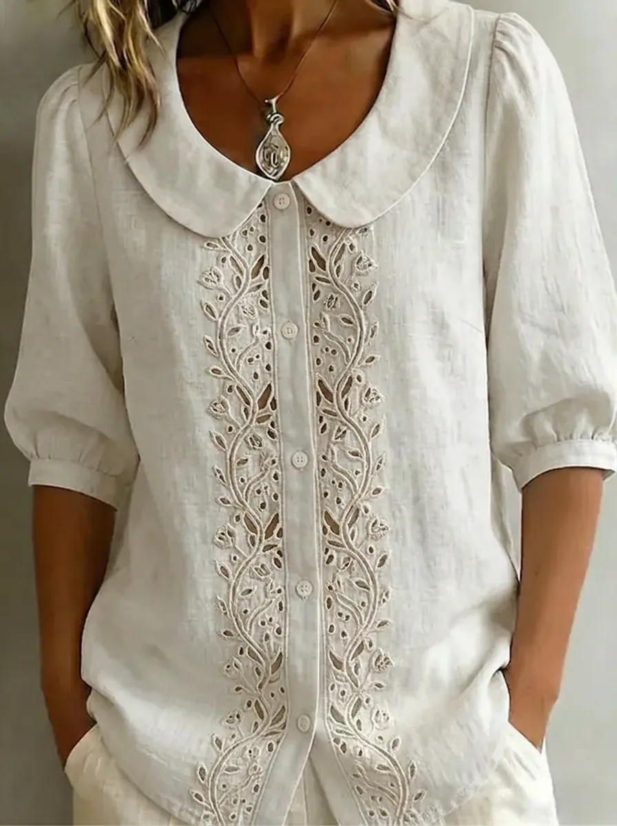 Women's Nashville Floral Embroidery Peter Pan Collar Printed Top