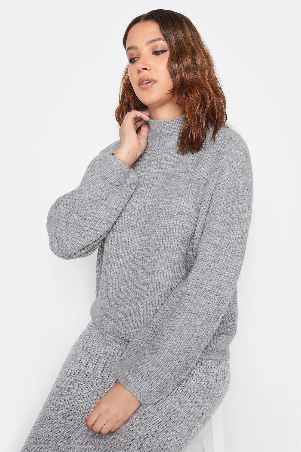 LTS Tall Grey Funnel Neck Knitted Jumper