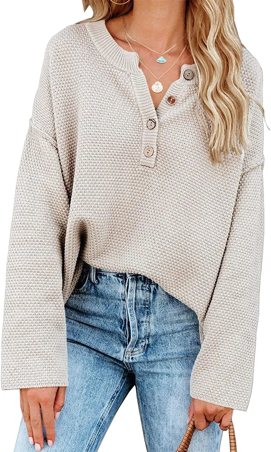 Women's Oversized Sweaters Batwing Long Sleeve Loose V Neck Button Henley Tops Pullover Knit Jumper