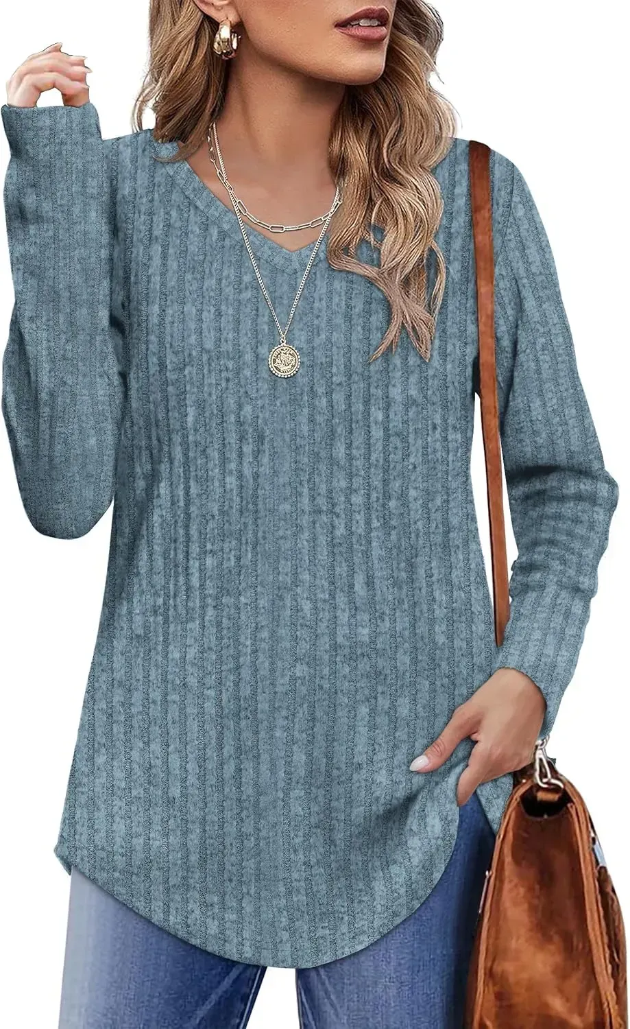 OFEEFAN Long Sleeve Shirts for Women Lightweight Crew Neck Casual Tunic Tops