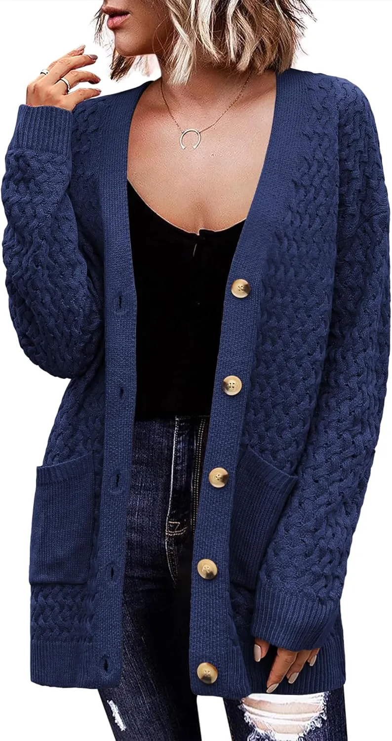 Womens 2024 Long Sleeve Chunky Cable Knit Fall Cardigans Sweaters Button Down Open Front Outerwear with Pockets
