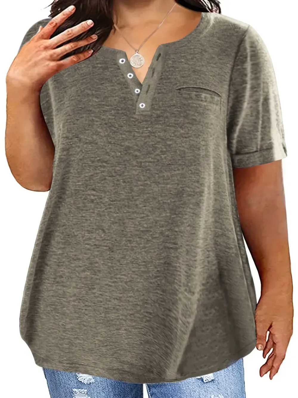 Plus Size Button Front Short Sleeve T-shirt, Women's Plus Slight Stretch Casual Tee