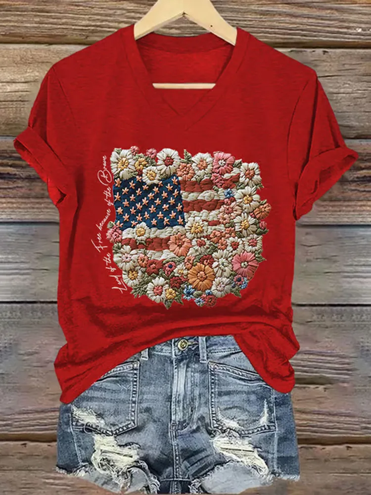 V-neck Retro Independence Day Flowers Because Of The Brave Print T-shirt