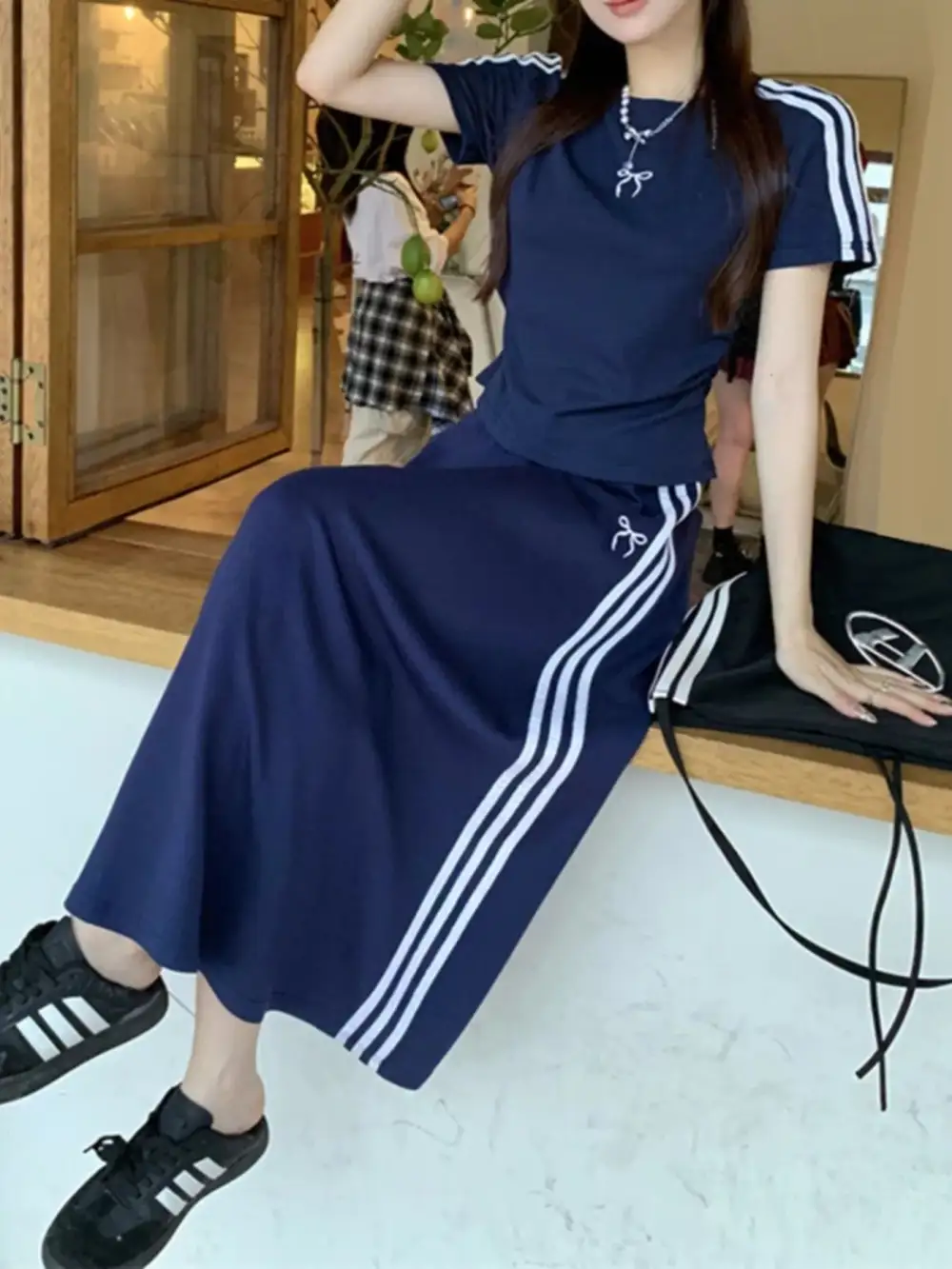 Striped Round Neck Tee Skirt Set