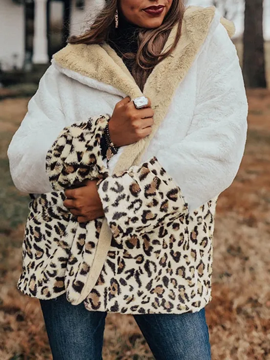 Casual Leopard-Painted Lapel Plush Thermal Long-Sleeve Coat