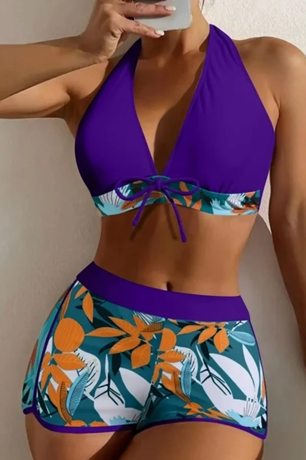 Sexy padded printed high-waisted patchwork swim trunks set