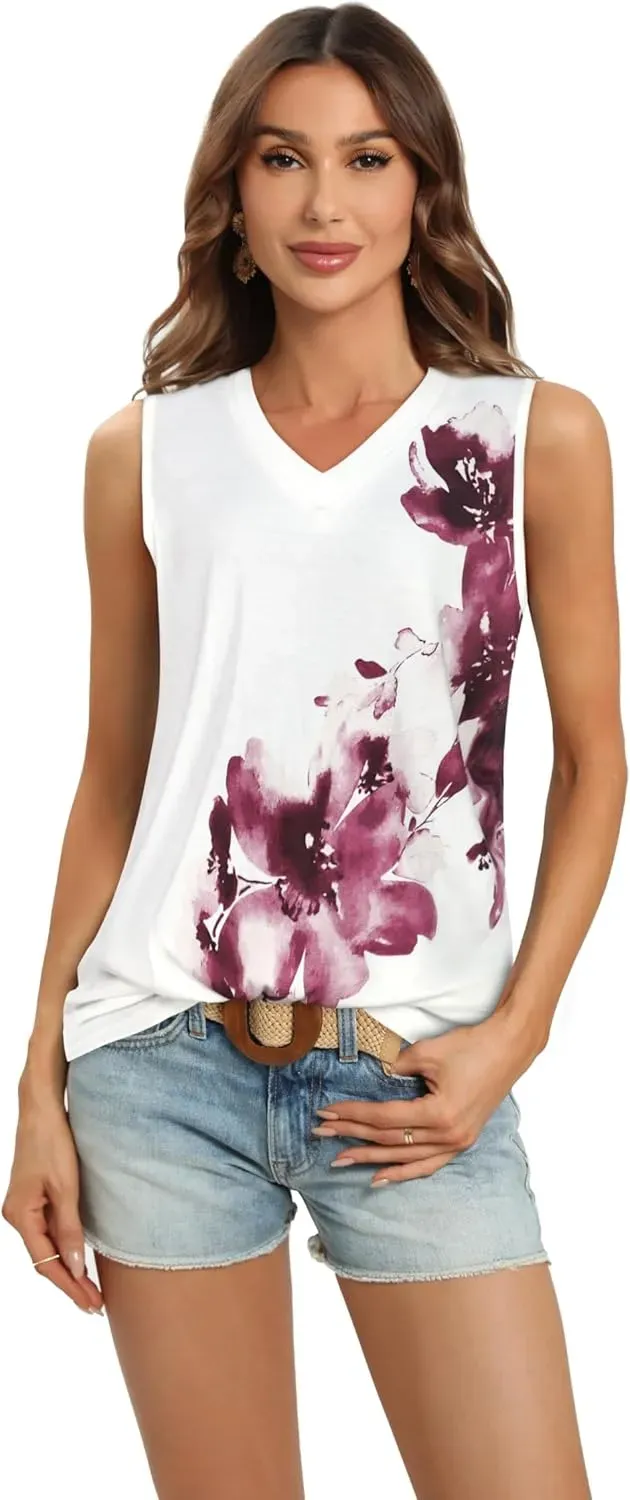 Summer Tops for Women Sleeveless V Neck Tshirt Loose Fit Casual Tank Tunic Blouse