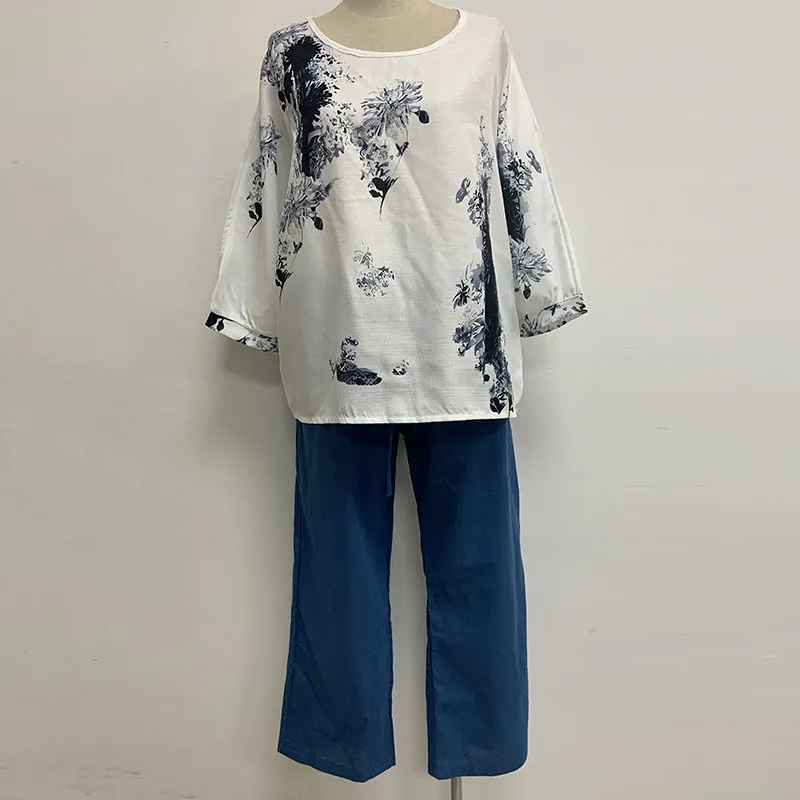 Women Cotton Linen Tank Shirt & Pants Relaxed Fit S-5XL Loose Solid Color Pants & Flora Short Shirt  Cotton Linen Two-piece Matching Set