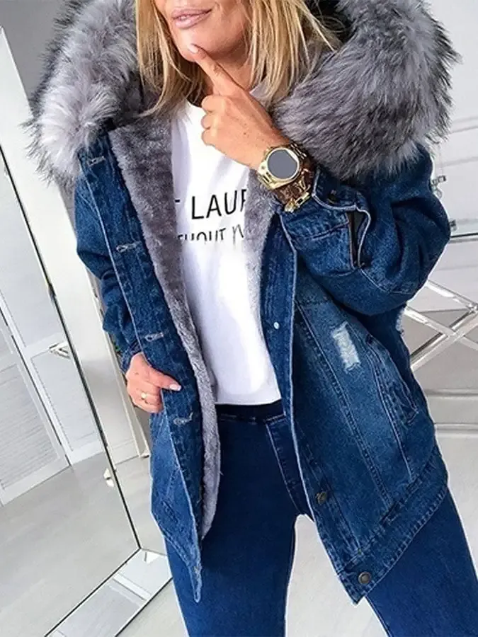 Women'S Big Fur Collar Denim Jacket Fashion Casual Jacket