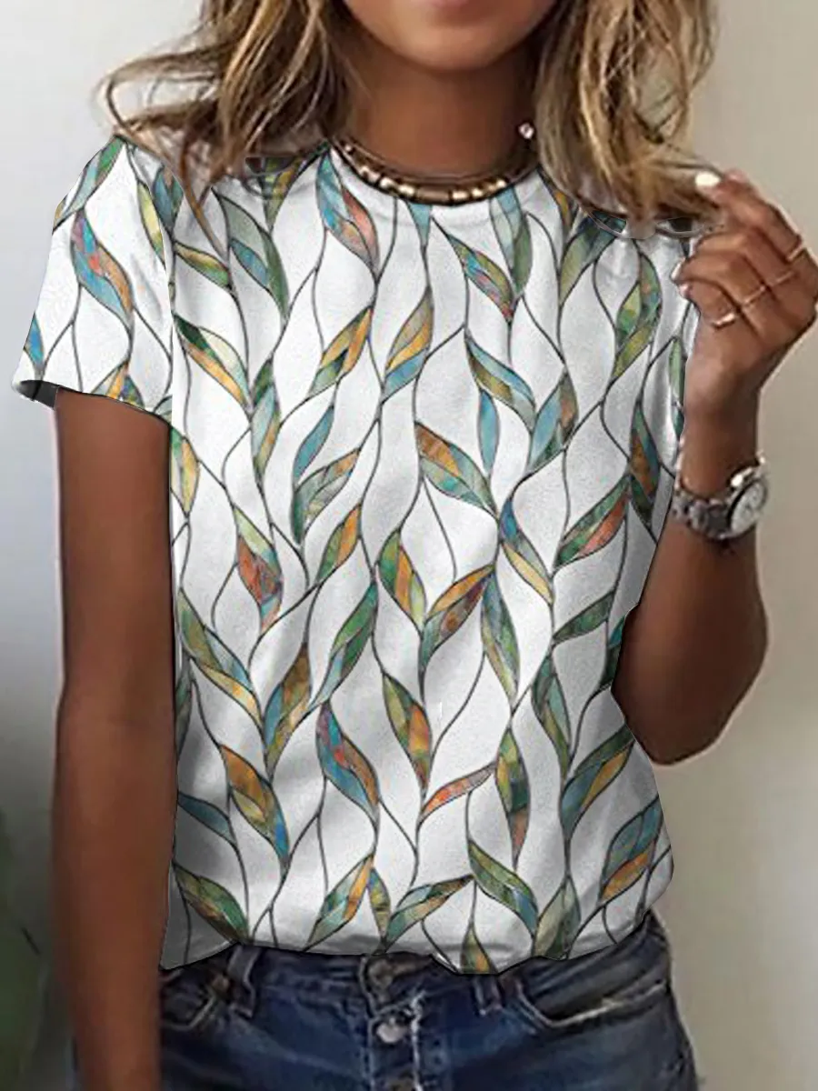 Color Leaf Print Round Neck Short Sleeve T-Shirt