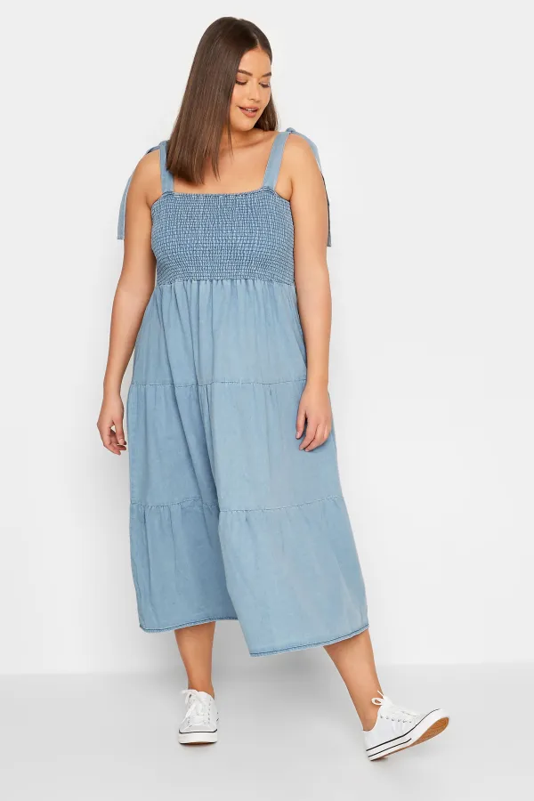 LTS Tall Blue Denim Shirred Tiered Midi Dress