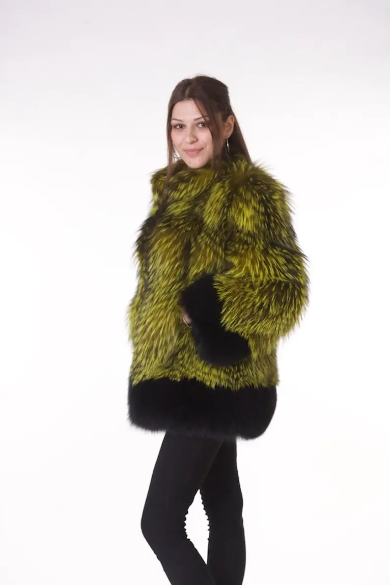 Lime Green and Black Fox Fur Coat Women’s