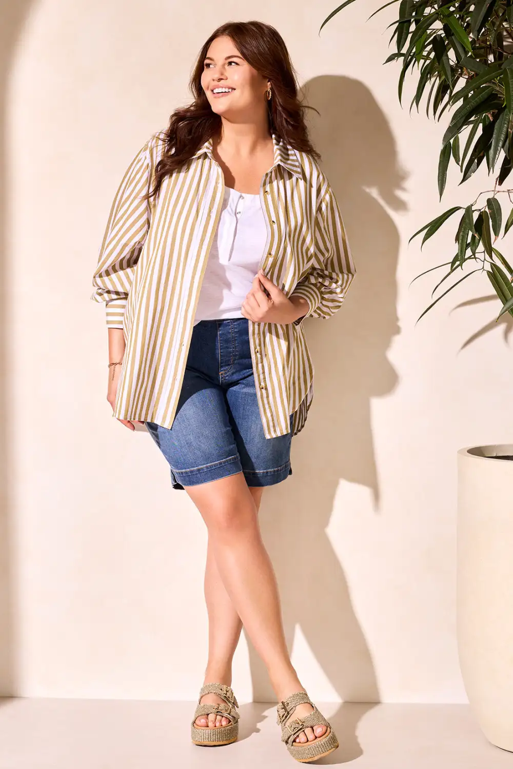 Stripe Button-Front Shirt-Greenmoss