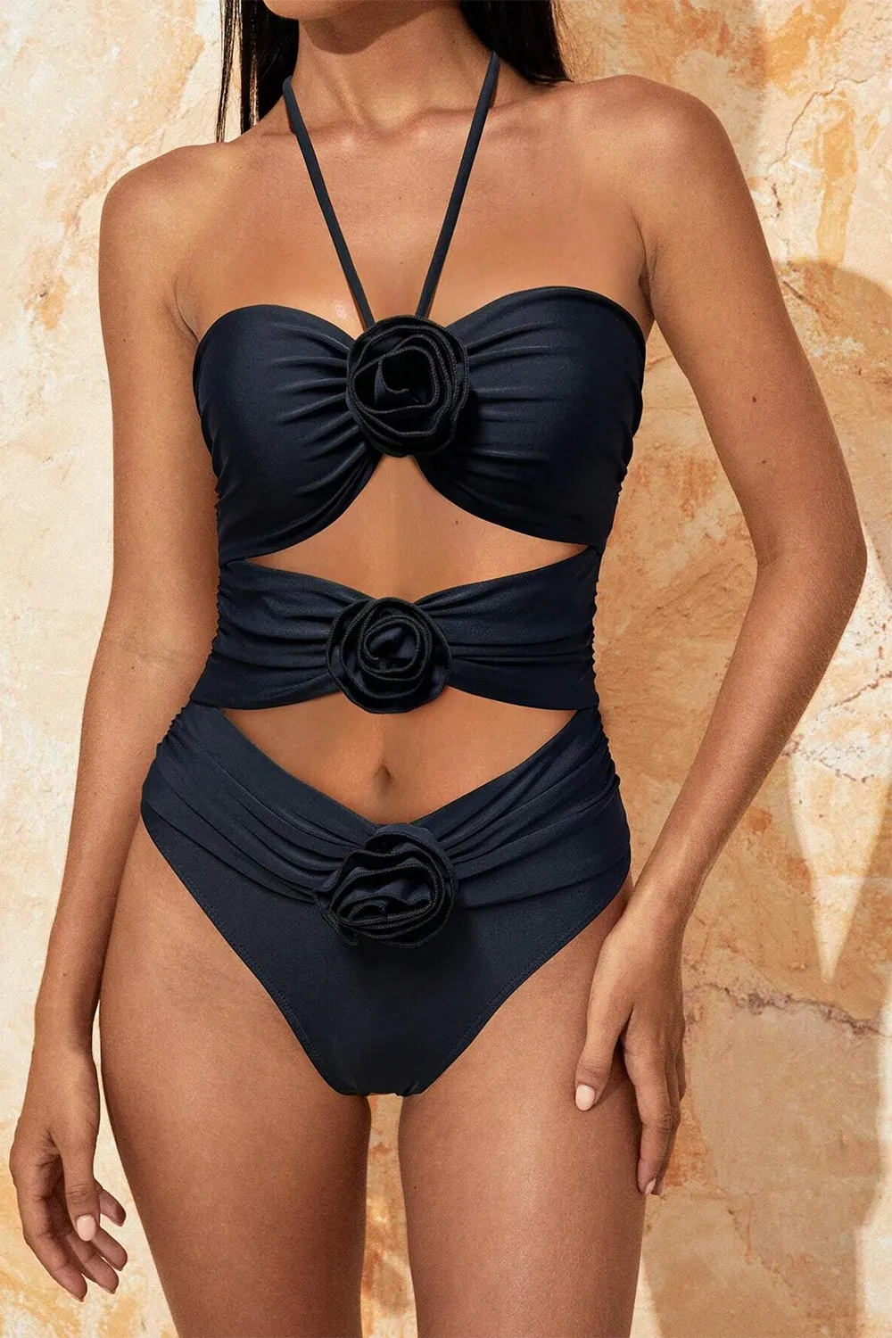 Bikinx Monochrome Halter Neck 3d Flower Decoration Sexy One-piece Swimsuit