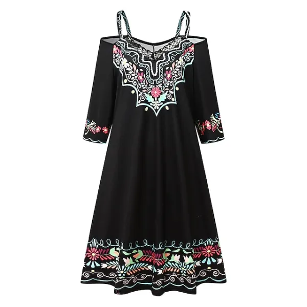 Women‘s Casual Dress Ethnic Dress Mini Dress Black 3/4 Length Sleeve Pure Color Print Summer Spring Fall V Neck Stylish 2023 S M L XL XXL 3XL
