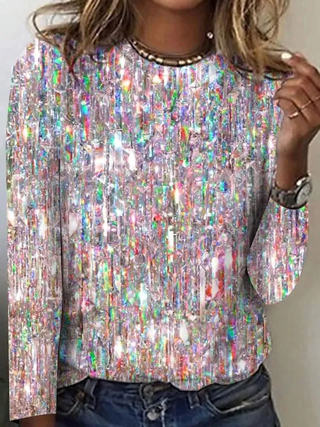 Women's T shirt Tee Silver Light Green Pink Graphic Print Long Sleeve Daily Weekend Fashion Basic Elegant Round Neck Regular Fit Painting Fall & Winter