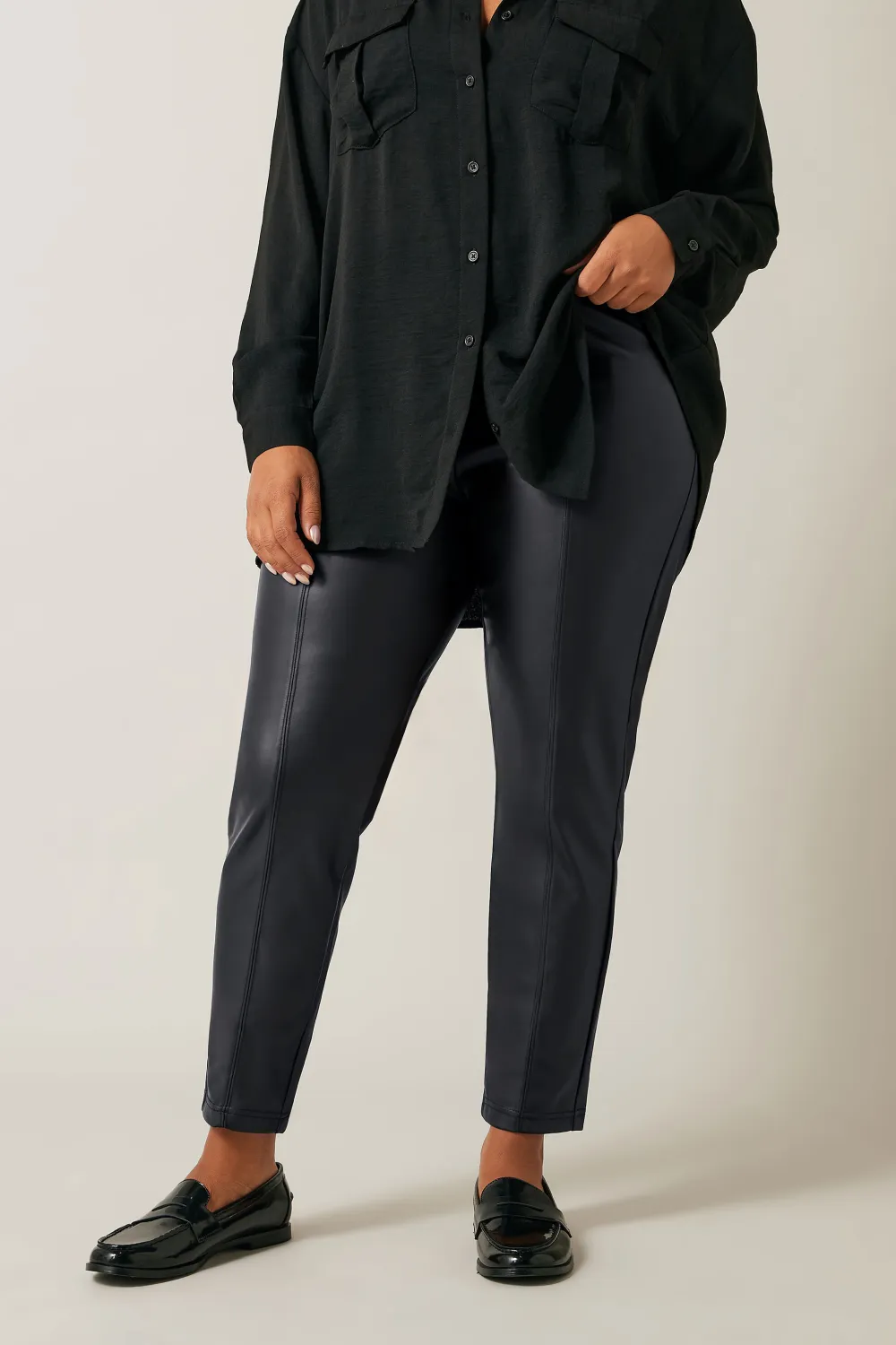 Evans Black Leather Look Stretch Trousers