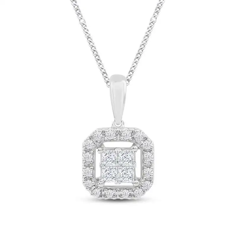 Diamond Halo Necklace 1/4 ct tw Princess & Round 10K White Gold 19