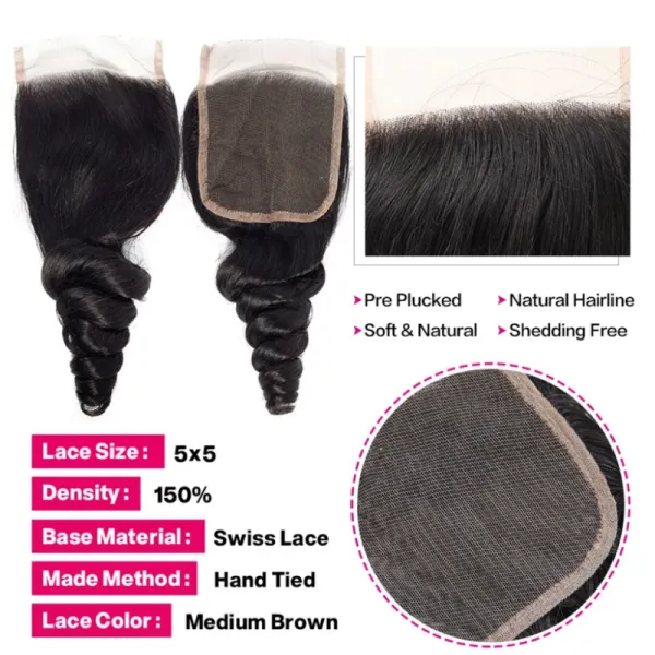 Loose Wave Hair Bundles Human Hair 3/4 /PCS With 5x5 Lace Closure