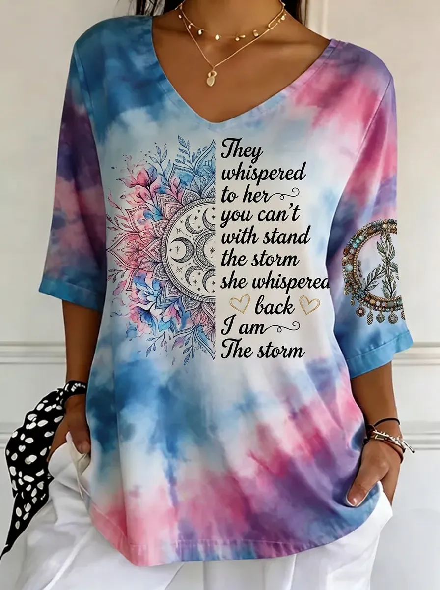 Women's Inspirational Quote Mandala Tie-Dye Printed V-Neck Top