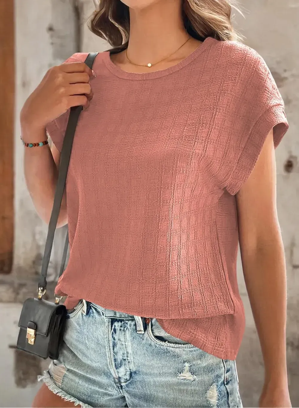 Dokotoo Tops for Women Trendy Summer Casual Cap Short Sleeve Basic Textured Solid Color Round Neck T Shirts Blouse