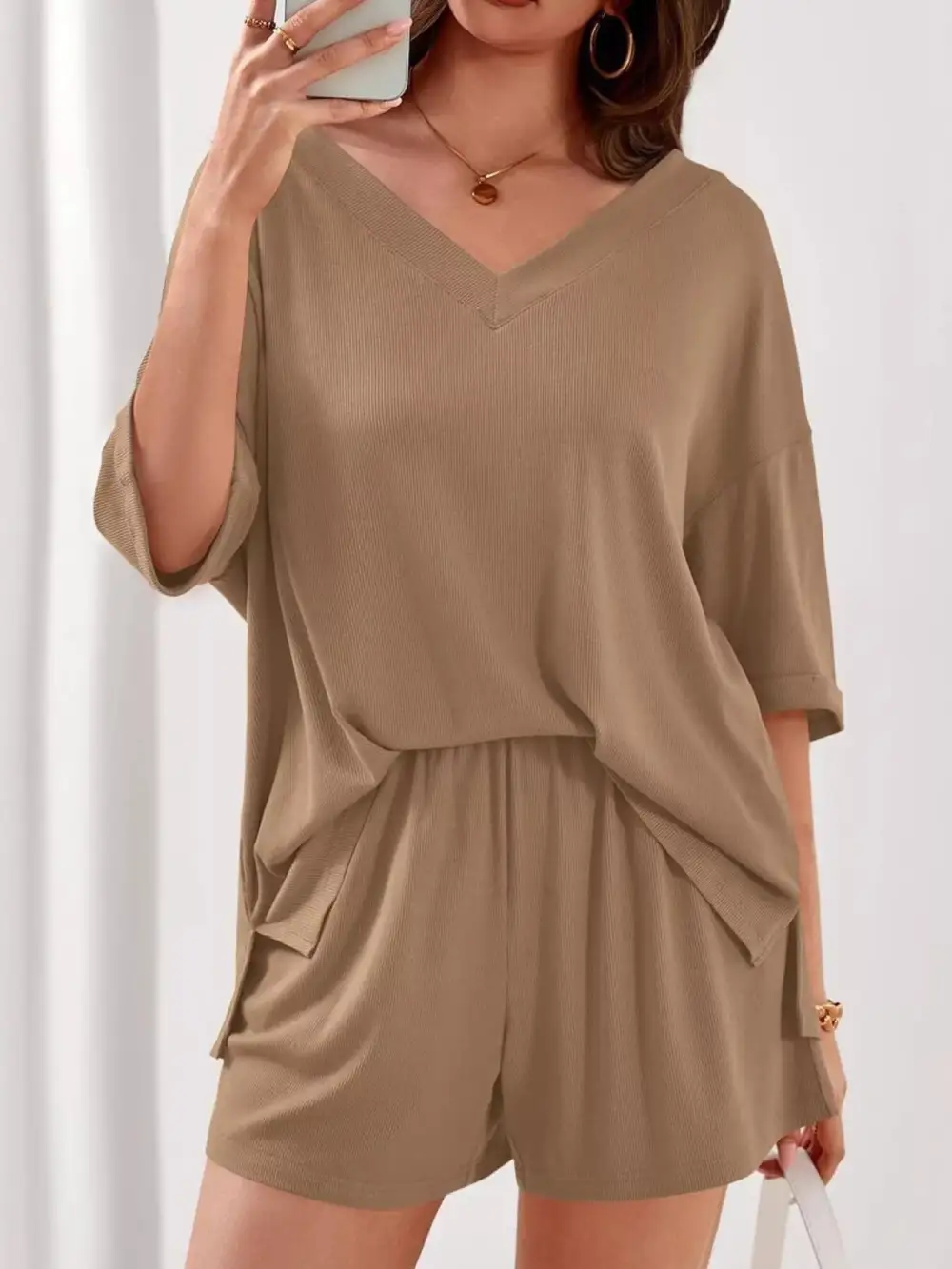 Casual V Neck Top Shorts Set