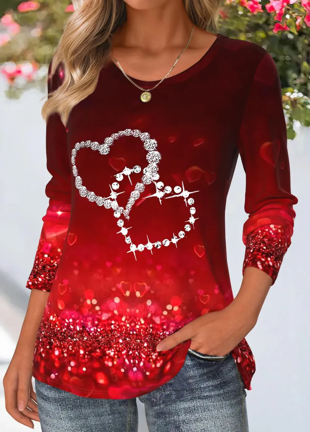 Deep Red Heart Print Long Sleeve T Shirt