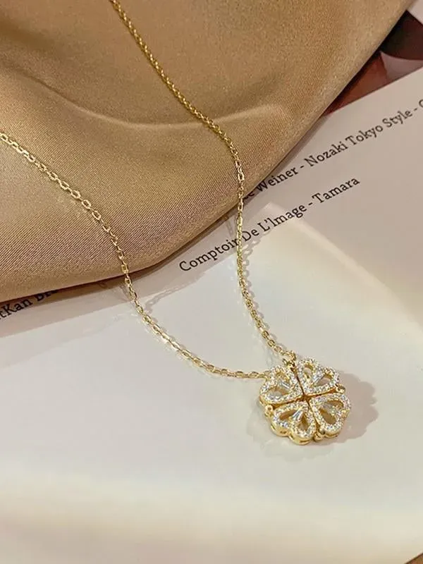 Women's Rhinestone Heart Clover Pendant Necklace