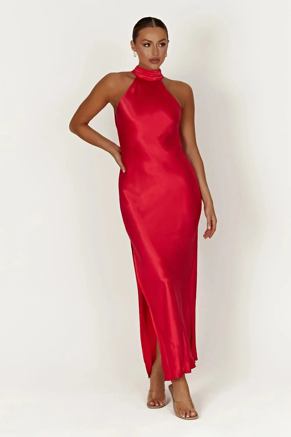 Satin Drape Back Maxi Dress with Split - Black