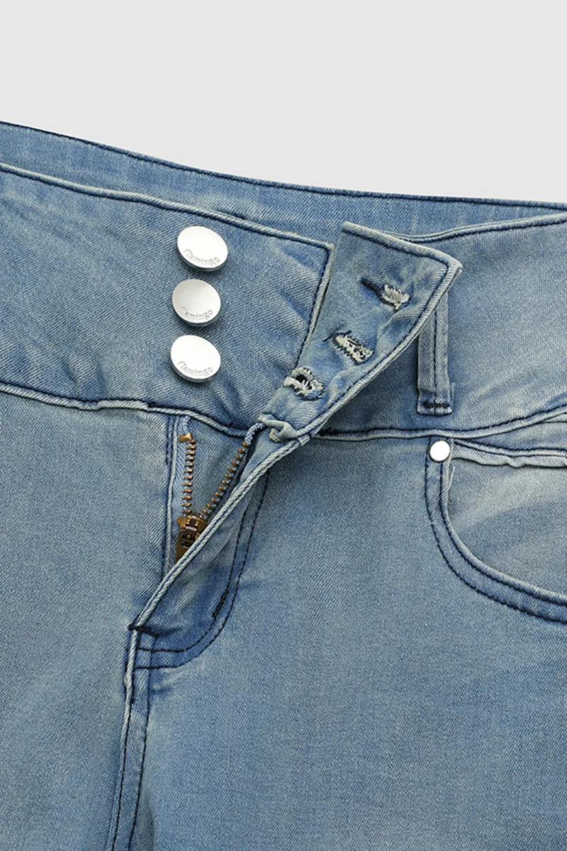Button Up Raw Hem Mid Rise Flare Jeans